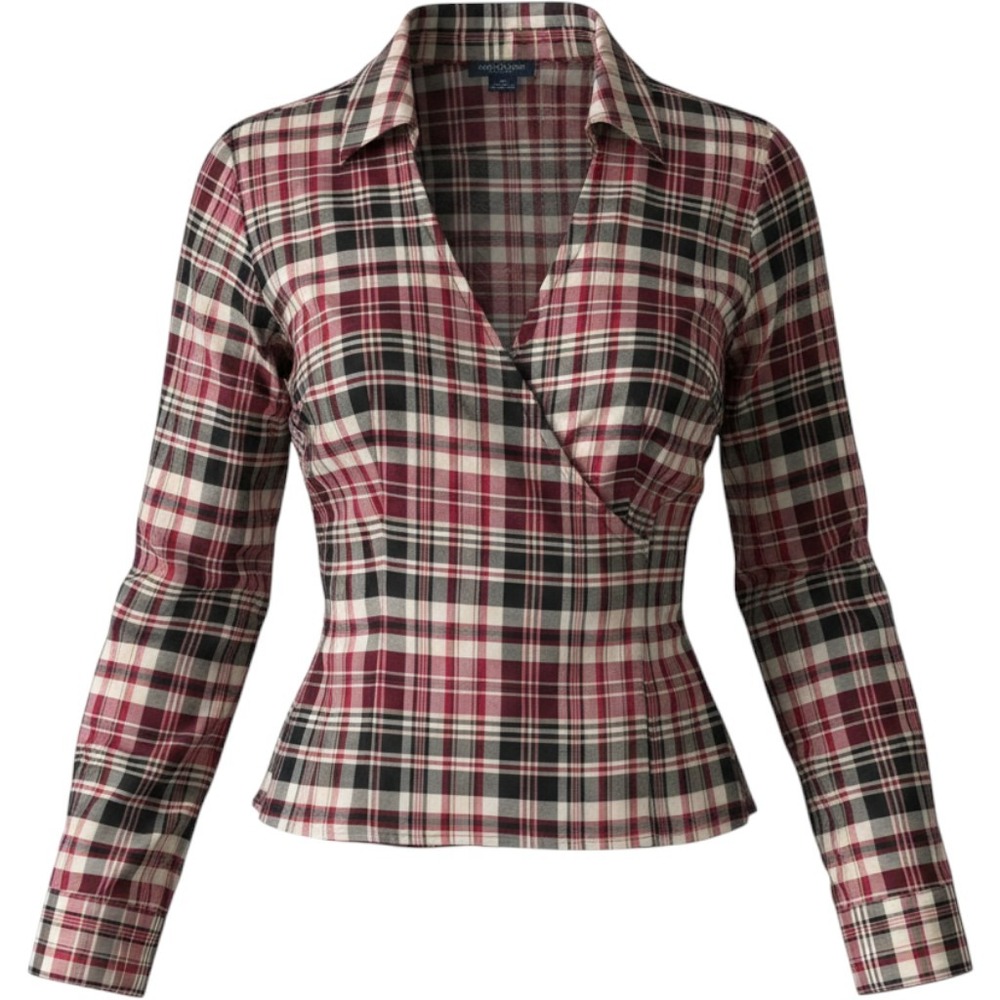 Ann Taylor 100% Silk Wrap Blouse Women 8P Shantung Silk Plaid Red Black Top Prep